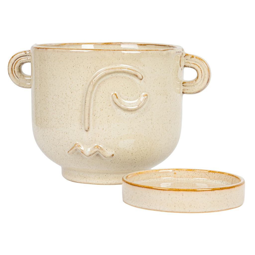 8.25 Inches Stoneware Face Planter with Reactive Glaze, Handles, and Saucer, Holds 5 Inches Pot, Cream Color