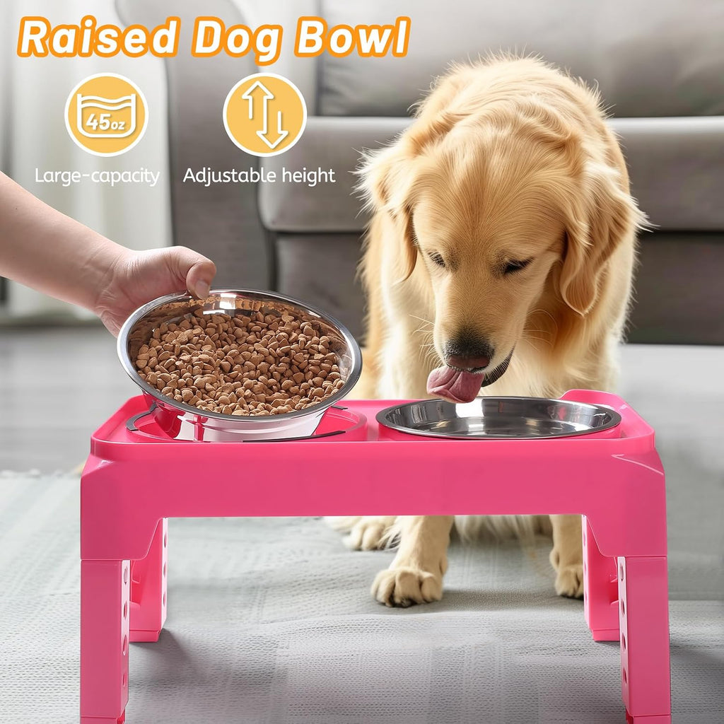 Elevated Dog Bowls with 2 Stainless Steel Dog Food & Water Raised Bowls with No Spill Edge Non-Slip Stand Adjusts to