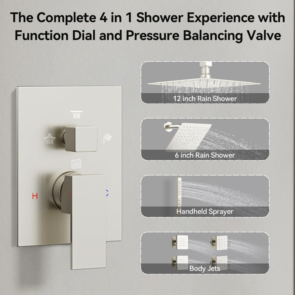 Brushed Nickel Shower System with Jets, 4 Way Shower Faucet Set with 2 in1 Handheld,Ceiling Mount 12"+6" Rain Shower