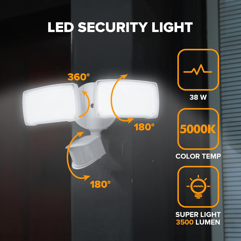 38W 3500 Lumen LED Motion Activated Integrated Dual-Head Floodlight Outdoor with Motion Sensor, 5000K Daylight, Dusk