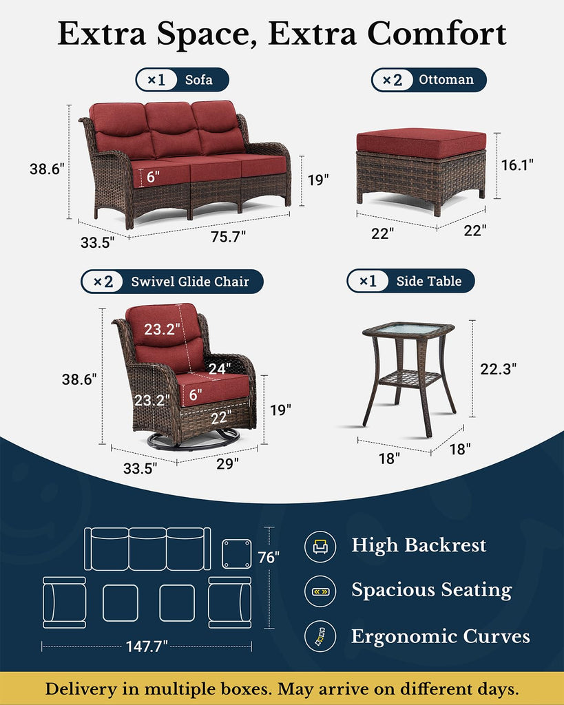 6-Piece Luxury Patio Furniture Set with 6" Thick Cushions, Weather-Resistant Wicker High Back Swivel Rocker Chairs