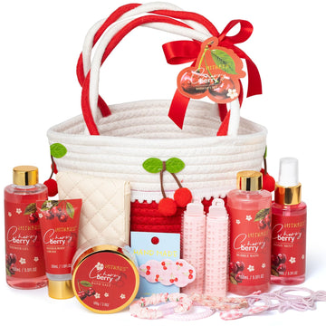 Spa Gifts for Women, Cherry & Berry Spa Gift Set for Teenage Tote Bag, Shower Gel, Hand & Body Lotion, Birthday for