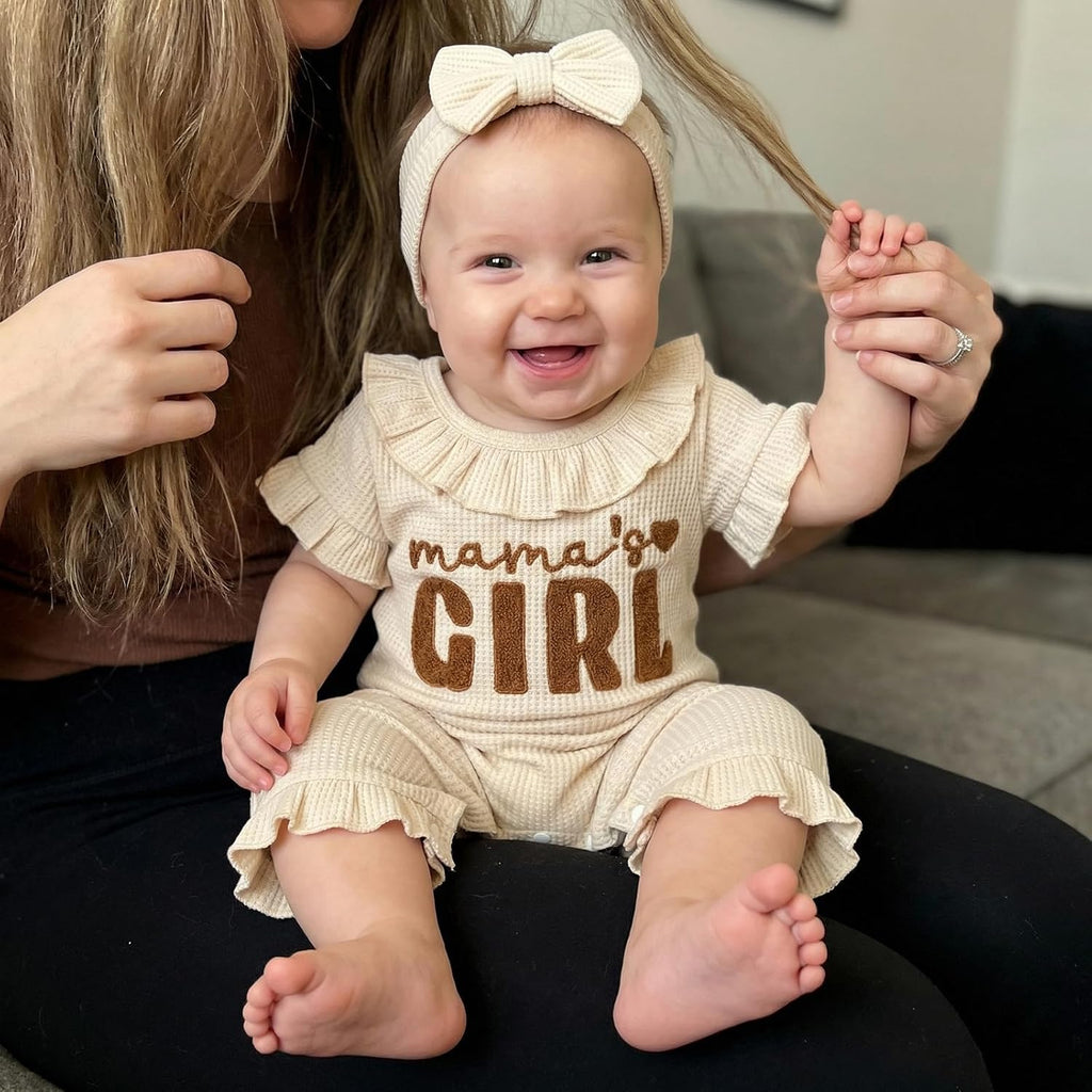 Baby Girl Summer Outfit Romper Hi I'm New Here Embroidery Ruffle Jumpsuit Infant Waffle Knit Clothes