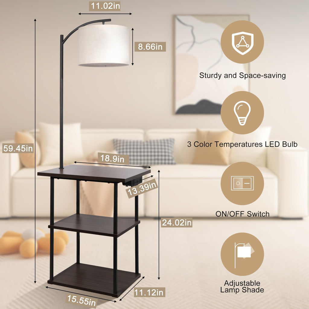 Floor Lamp with Table, End Tables with Charging Station