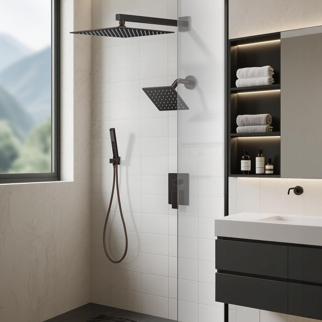 Rain Shower System 12"&6" Shower Heads Wall Mount Shower Faucet Set