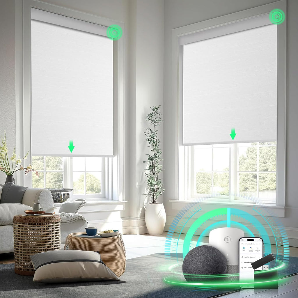 Motorized Blinds with Remote Control, White, | Blackout Automatic Blinds for Windows, Battery Powered Smart Roller