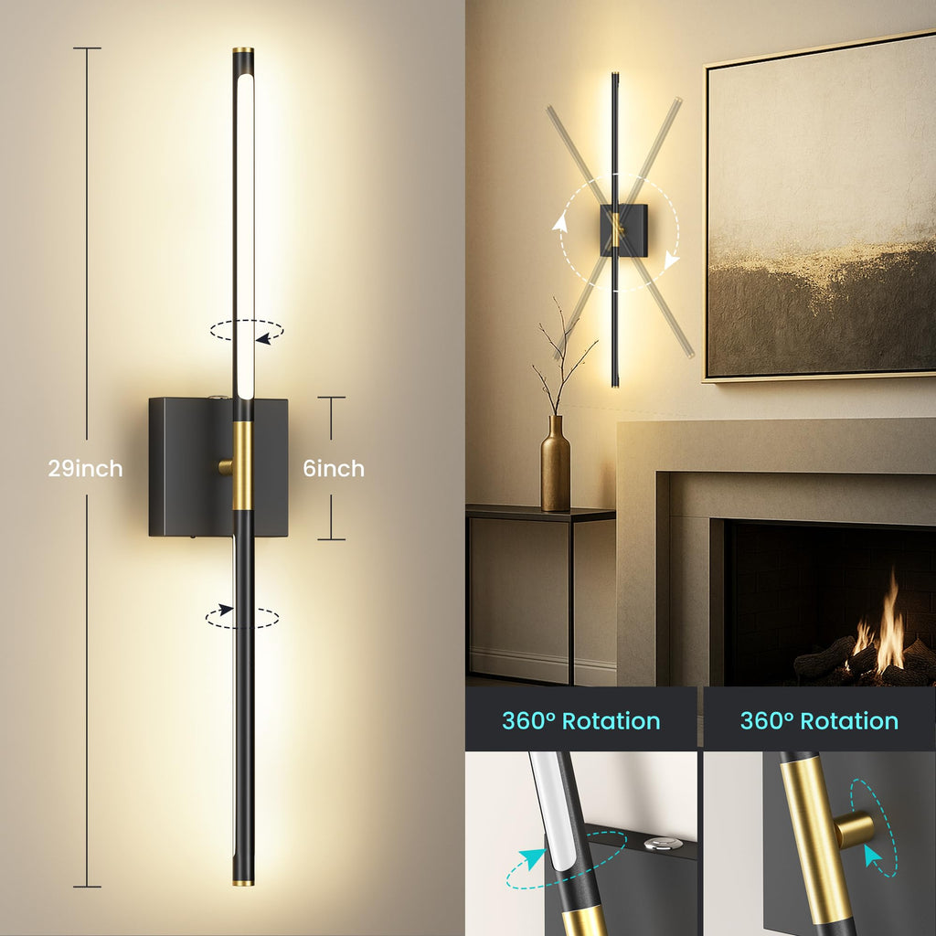 Battery Operated Wall Sconces Set of 2, Black Gold-29Inch