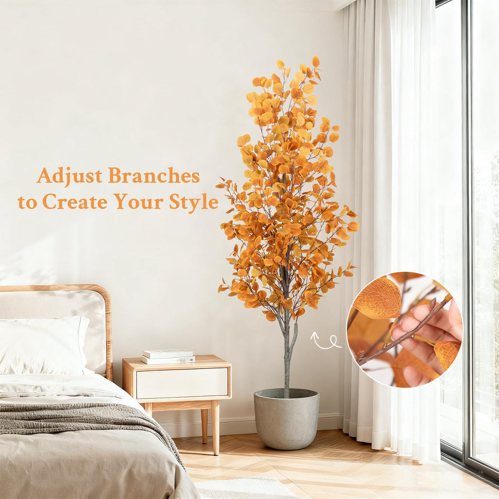 6FT Fall Artificial Eucalyptus Tree with Wicker Basket, Orange Potted Faux Eucalyptus Trees, Autumn Fake Eucalyptus