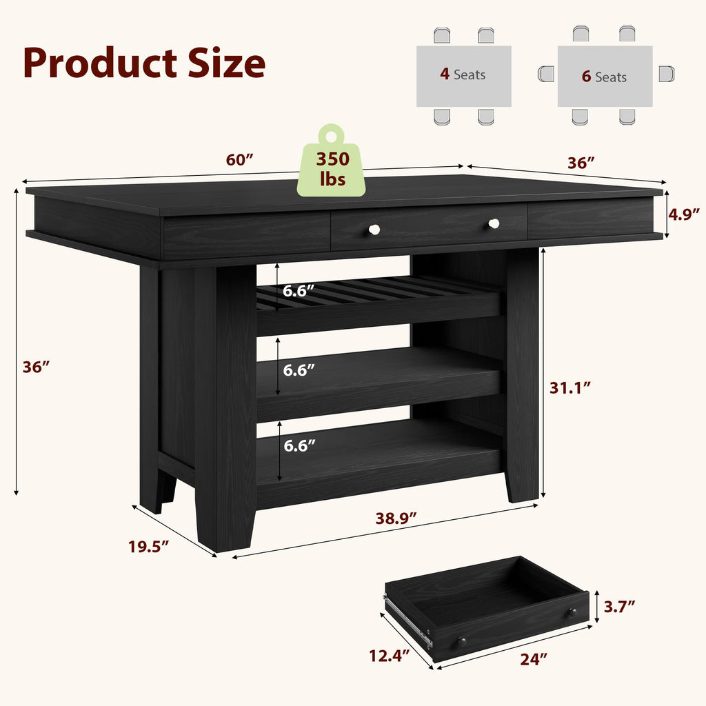 Counter Height Dining Table with Storage, Retro Black