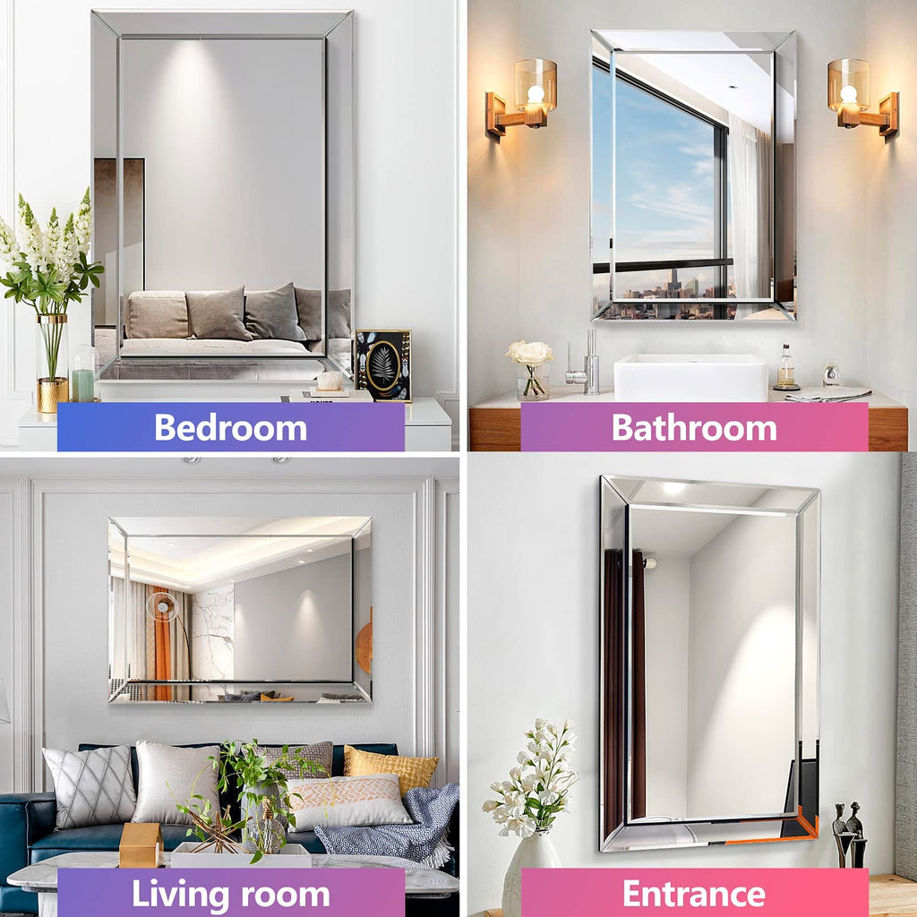 Wall Mirror, 24" x 36" Rectangular Frameless Vanity Mirror, Polished Beveled for Over Sink