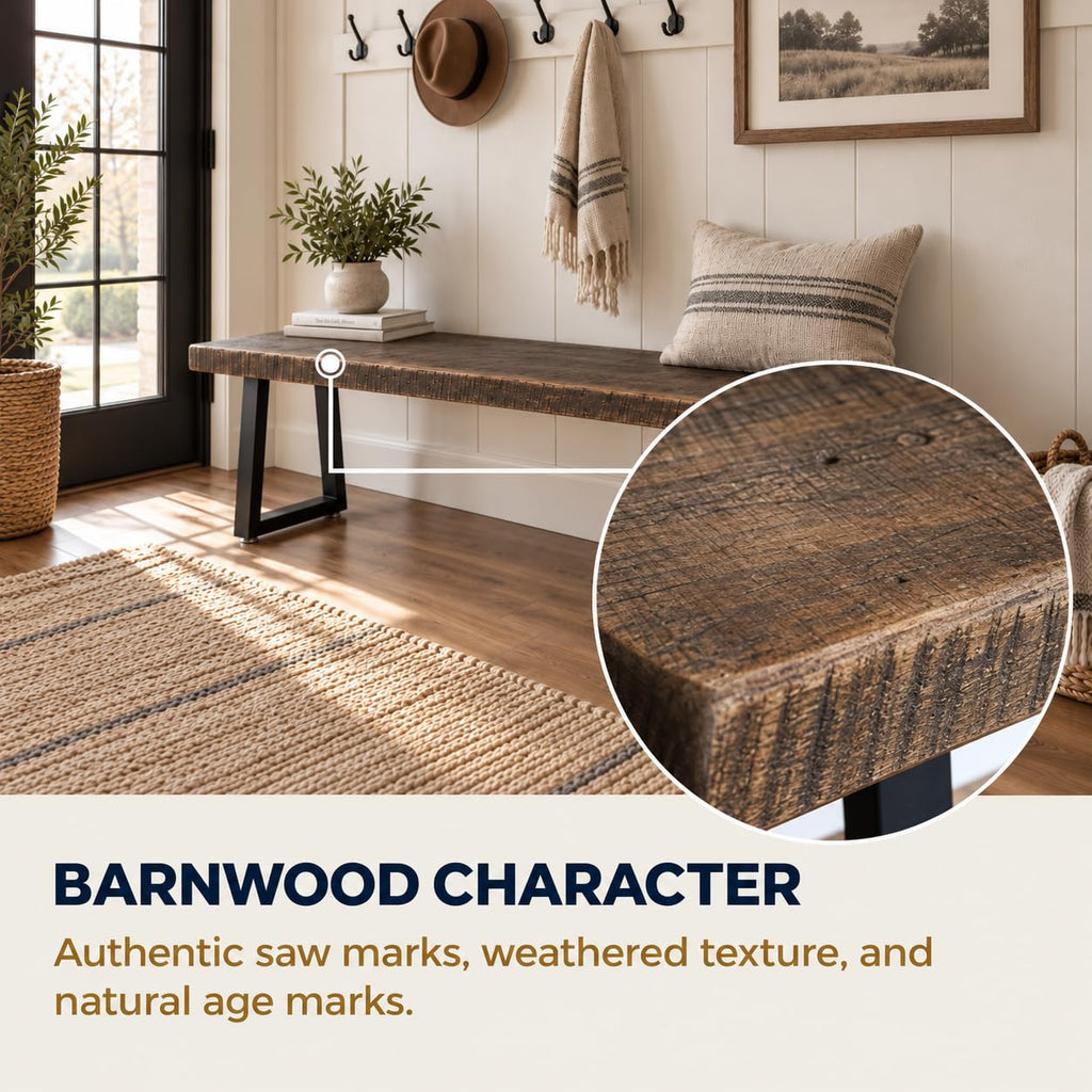 Rustic Revival Reclaimed Barnwood Bench, Solid Wood with Metal Base, Modern Farmhouse Style, 2-Inch Thick Top, (30x12)