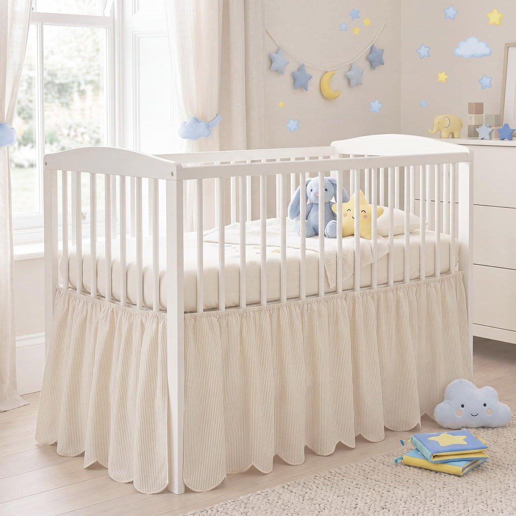 Beige Cotton Crib Skirt Scalloped Edge, 16" Drop Fits 28"x52"