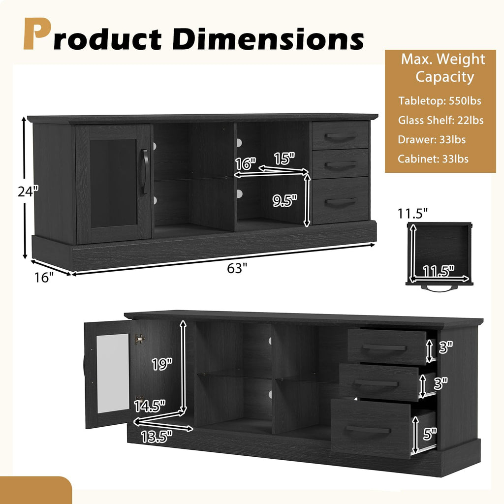 Farmhouse TV Stand for 73 Inch TV, Wood TV Console Table w/Removable Glass Shelves, Cable Management Holes & Drawers