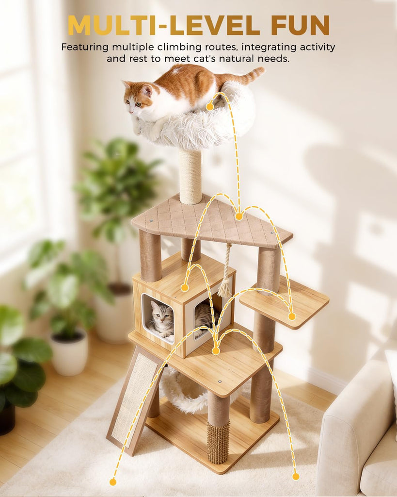 61" Modern Cat Tree, Tall Cat Tower with Self-Grooming Brush