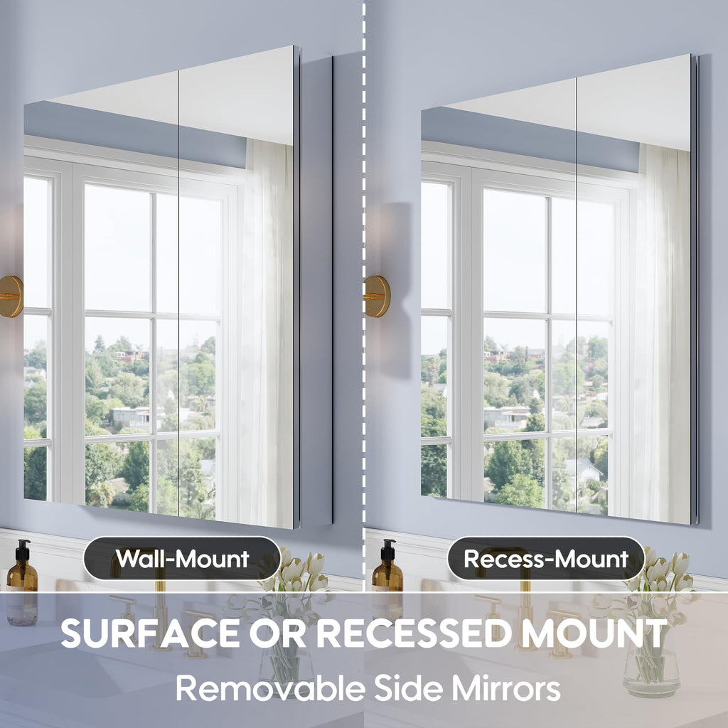 32" x 36" Bathroom Medicine Cabinet with Mirror, Anodized Chrome Aluminum Frame, Surface Mount or Recessed Medicine