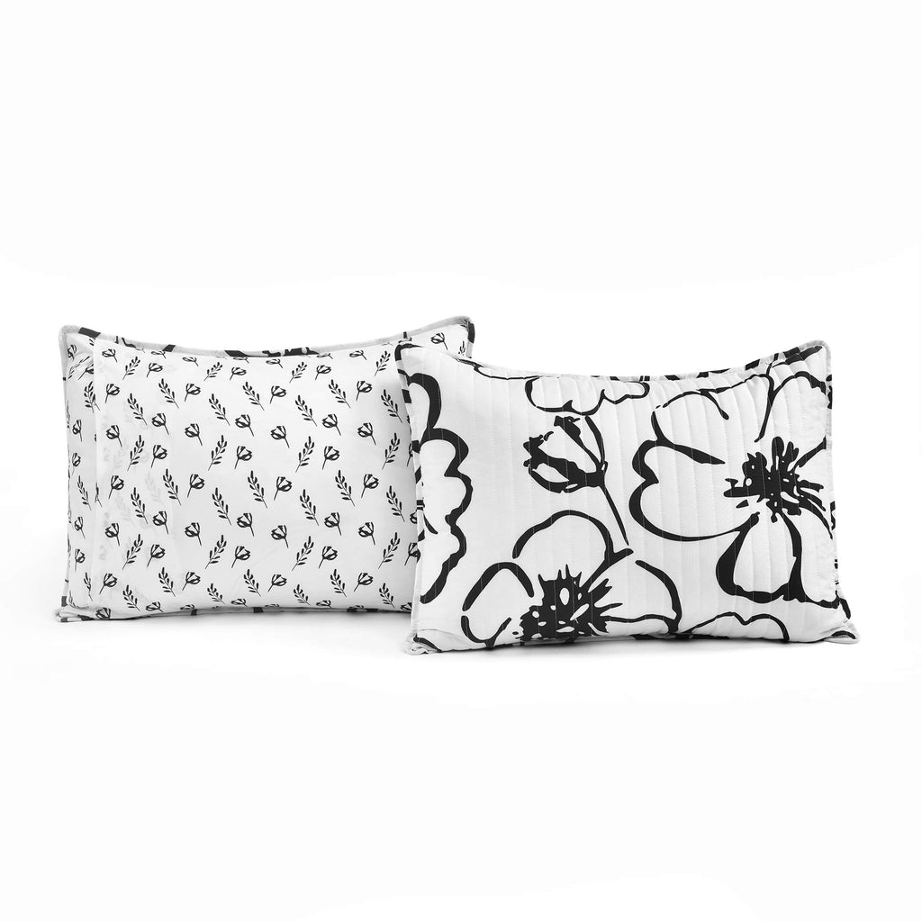 Scandinavian Floral Quilt Reversible 3 Piece Set Black & White - Floral Bedding Set Quilt - White