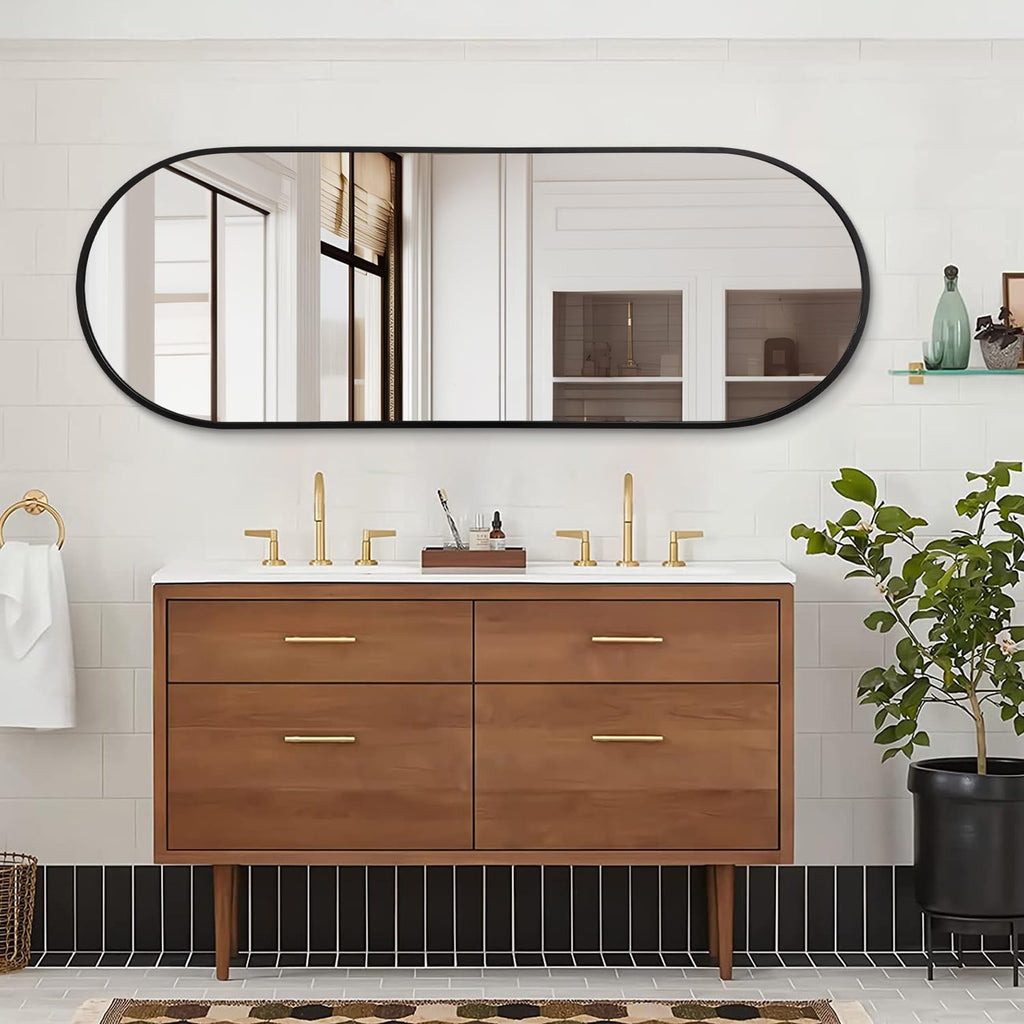 Black Oval Bathroom Full Length Mirror, 48x16'' Pill Shaped Oblong Vanity Wall Mirror, Metal Framed Capsule Aluminum