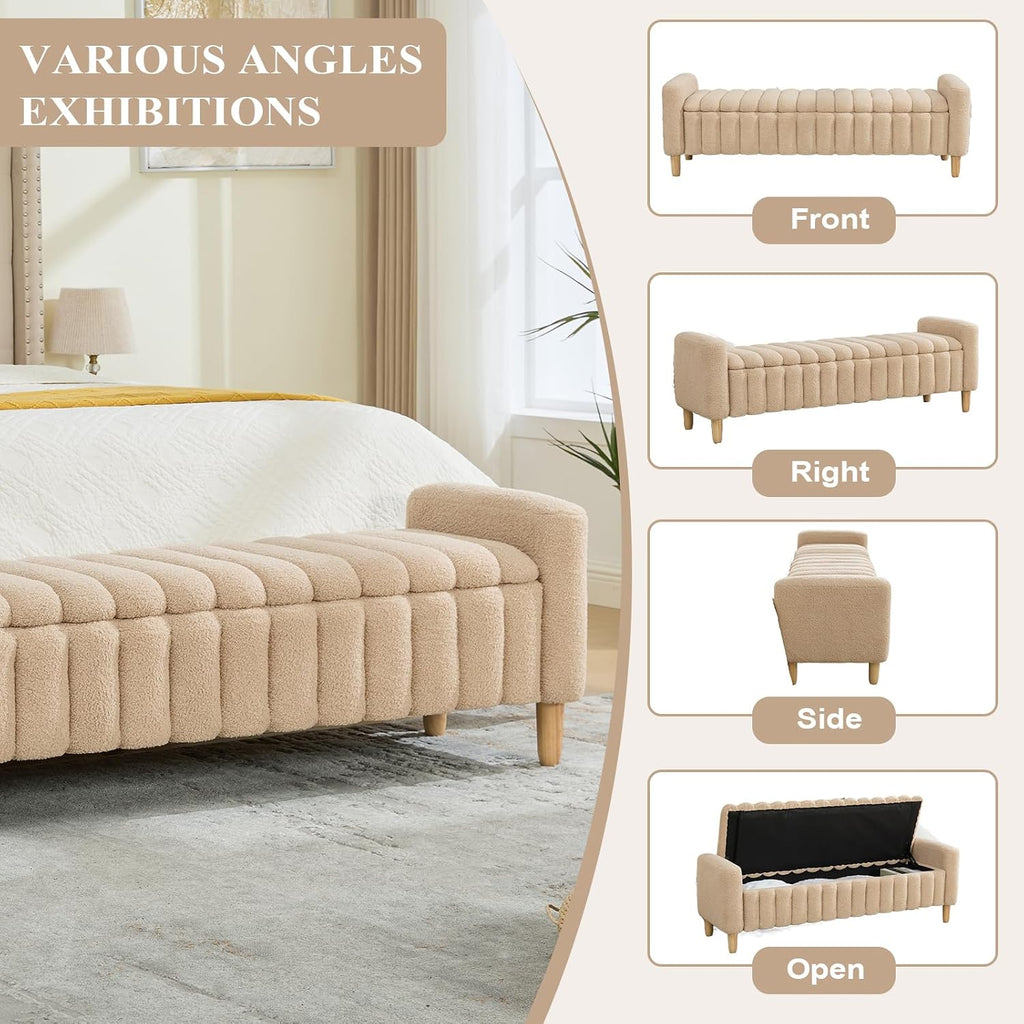 63.5" Oversize Storage Ottoman Bench, Teddy Upholstered End of Bed Bench with Wave Channel Tufted Flip-Top, Modern
