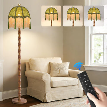 Wood Floor Lamps Boho Rustic Floor Lamp with Remote Control,Dimmable Vintage Floor Lamp Green Mid Century Modern