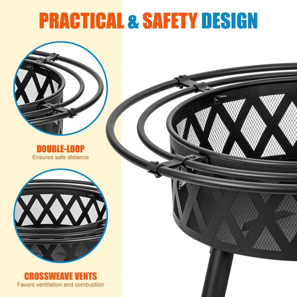 36 Inch Wood Burning Fire Pit with 2 Loops, Outdoor Fire Pit with Spark Screen & Fire Poker