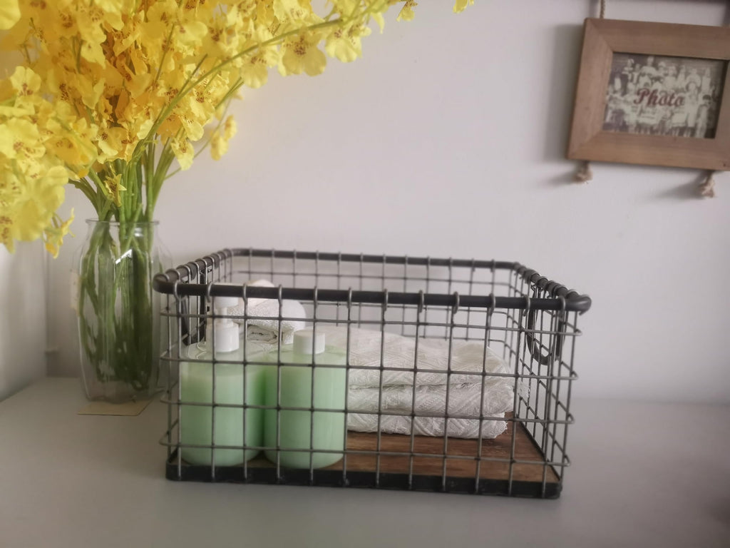 16" Wide Rectangular Sturdy Hand Welded Farmhouse Metal Wire Basket with Rustic Wooden Bottom For Shelves, Closet