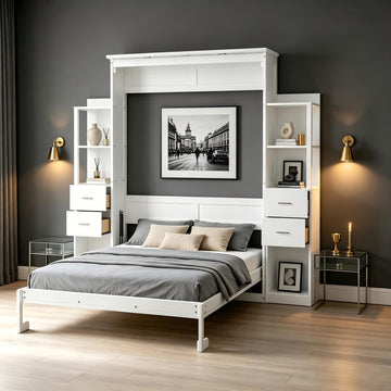 Queen Size Murphy Bed with Drawers and Open Display Cabinet & LED Light, Foldable Platform for Small Space Bedroom