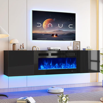 70" Floating TV Stand with 36" Electric Fireplace, Wall Mounted Fireplace Entertainment Center with Storage, Fire Place TV Console for Living Room, All Black A132-B0DGPZM33B