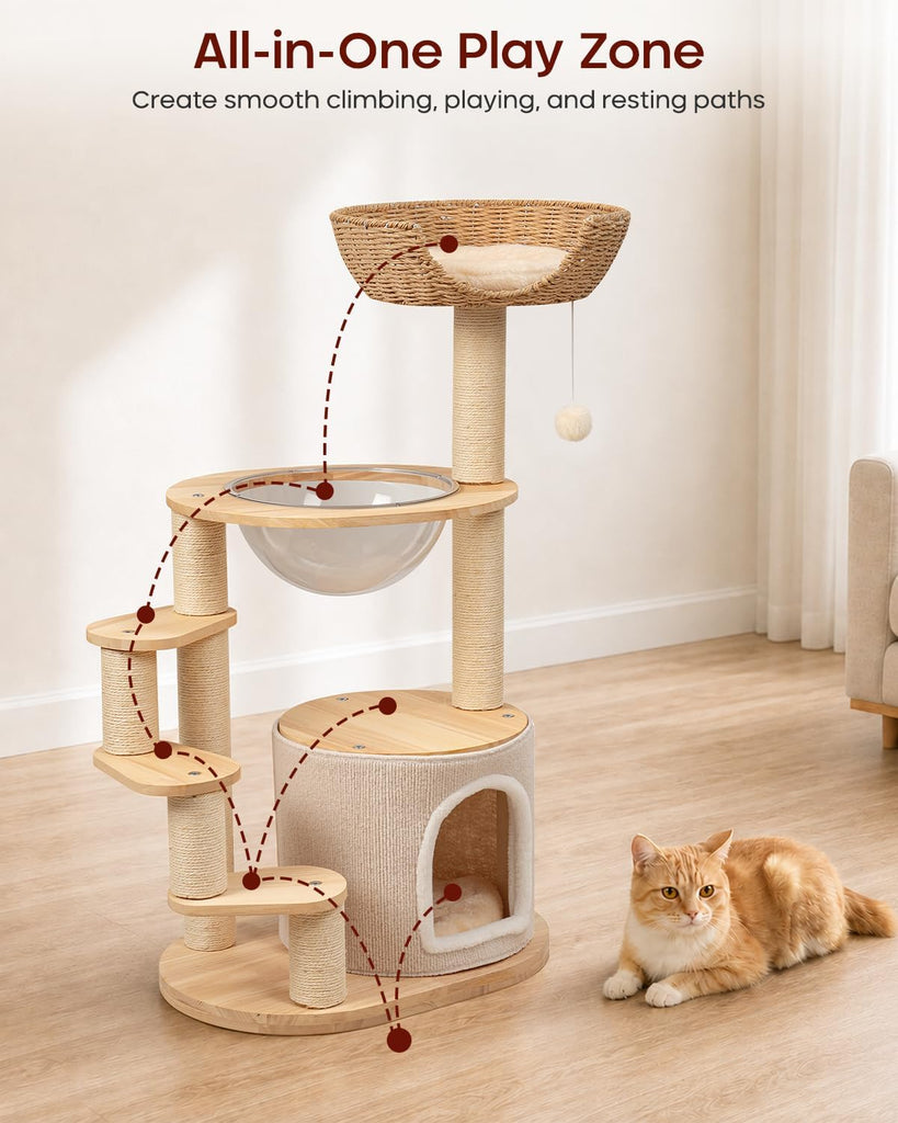 Solid Wood Cat Tree for Kitten & Munchkin, Modern Cat Tower with Low-Rise Steps, Indoor Multi-Level Aesthetic Boho