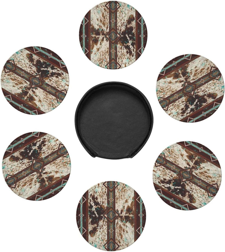 Cowhide Print Western Leather Coasters for Drinks with Holder Coaster Sets Drink Table Cup Coasters Kitchen - Set of 6