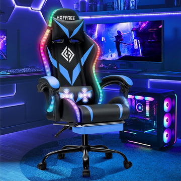 RGB Gaming Chair with Massage & Footrest Racing Style Computer Chair-Blue | Reclining Gamer Chair with LED Lights