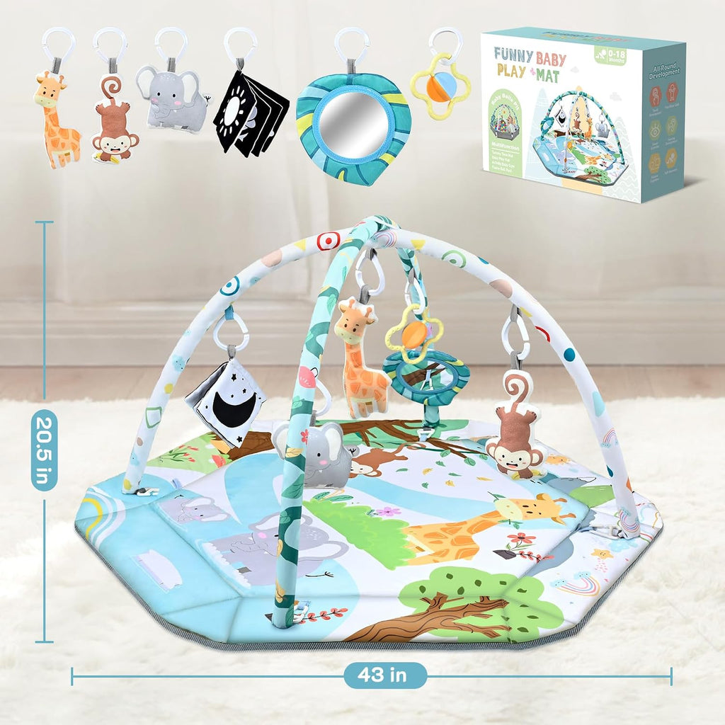 Gym Play Mat, in-1 Tummy Time Mat & Ball Pit with 6 Toys, Washable Baby Activity Play Mat for Visual, Hearing