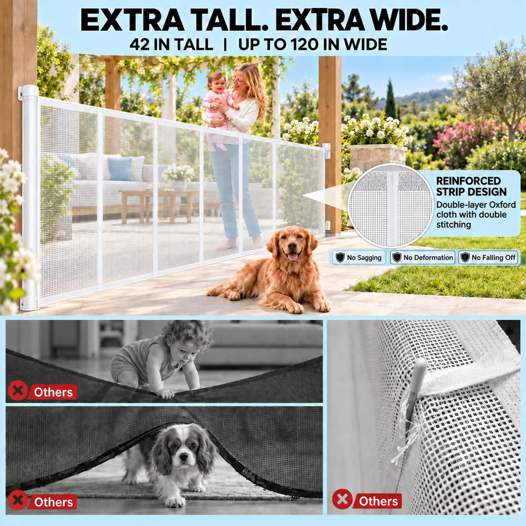 120" Extra Wide Retractable Baby Gate, 43" Tall Dog Gate for Stairs