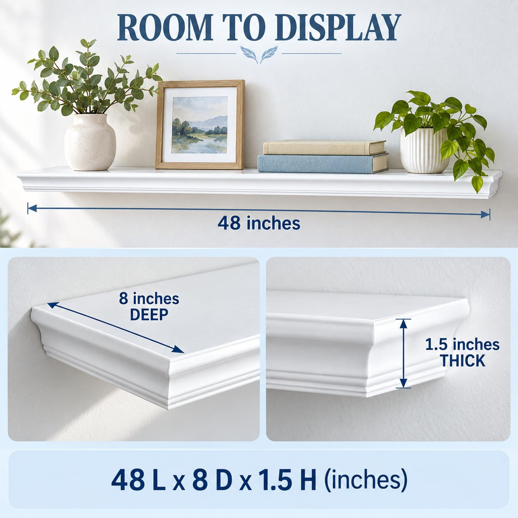 48" White Floating Shelf, 8" Deep Wall Ledge for Photos & Books