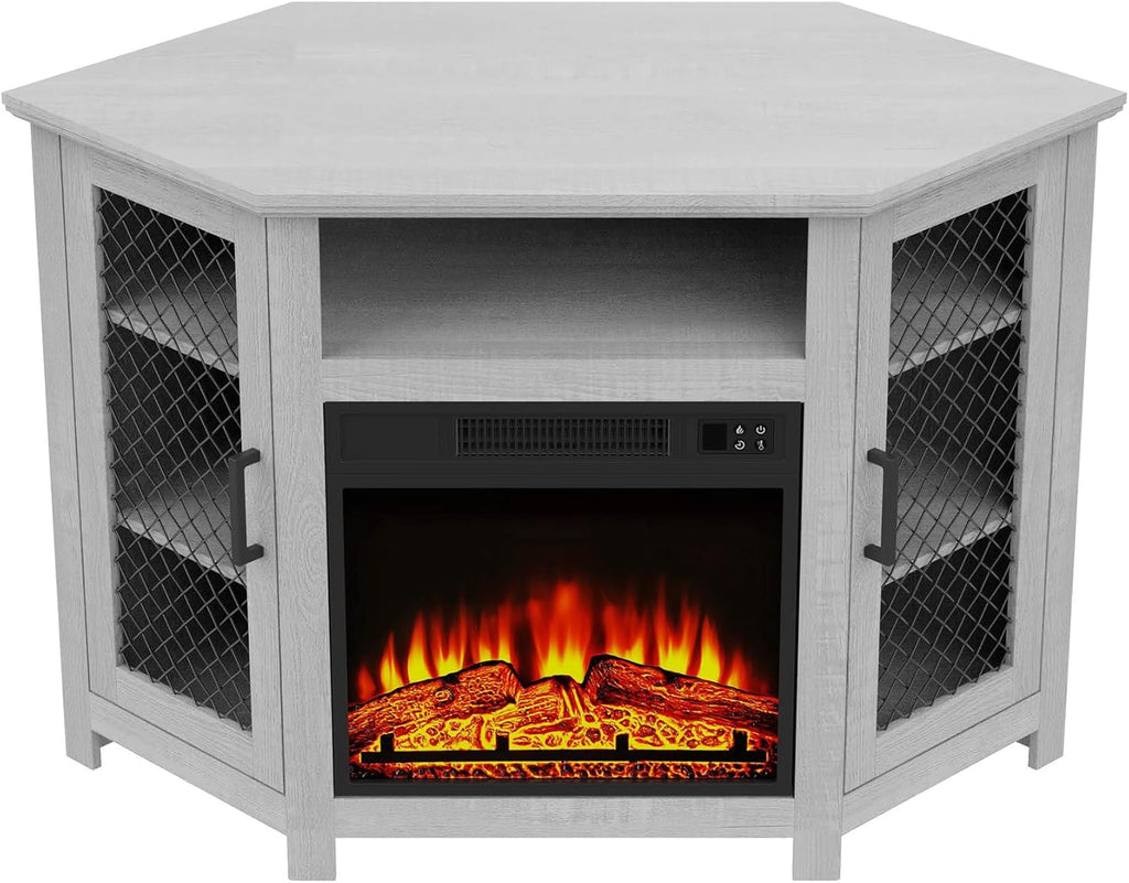 47 Inch Corner Fireplace TV Stand for TVs up to 55 Inches, Rustic Media Entertainment Center with 18 Inch Electric Fireplace and Adjustable Shelves, Grey