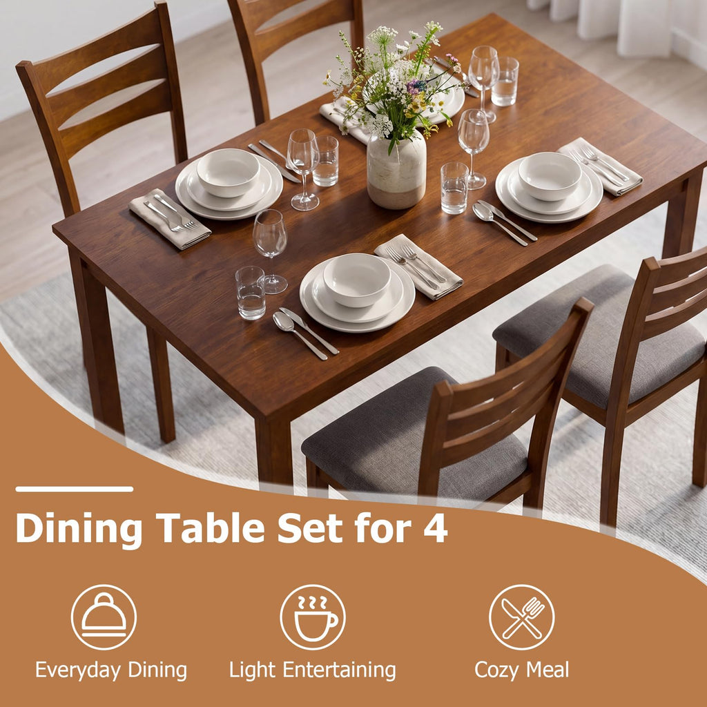 Dining Table Set for 4, Rectangular Kitchen Table Set w/ 4 Upholstered Chairs & Solid Rubber Wood Frame, Space-Saving