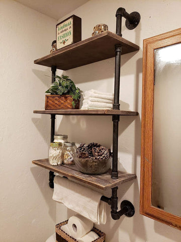 Industrial Pipe Shelving Rustic Bathroom Shelves with Towel Bar, 24" Pipe Shelf Wall Mounted, Farmhouse Bathroom