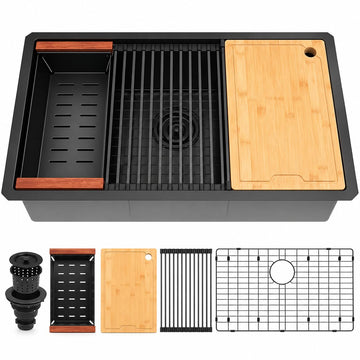 Black Undermount Kitchen Sink 33 Inch, 16 Gauge T304 Stainless Steel Sink, 32" x 19" x 10" Deep Large Single Bowl