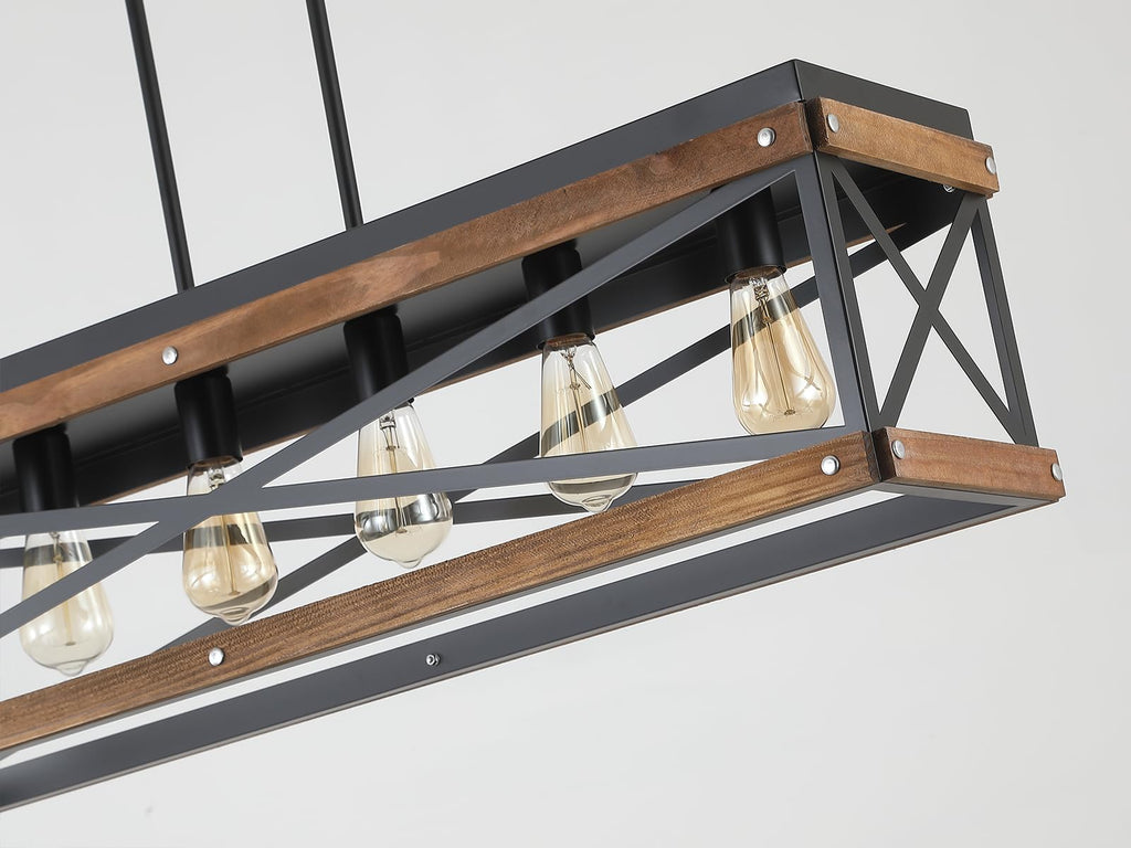Rustic Farmhouse Wood Kitchen Island Lighting, 6 Lights Rectangular Pendant Light Fixture, Adjustable Chain Oak Wood