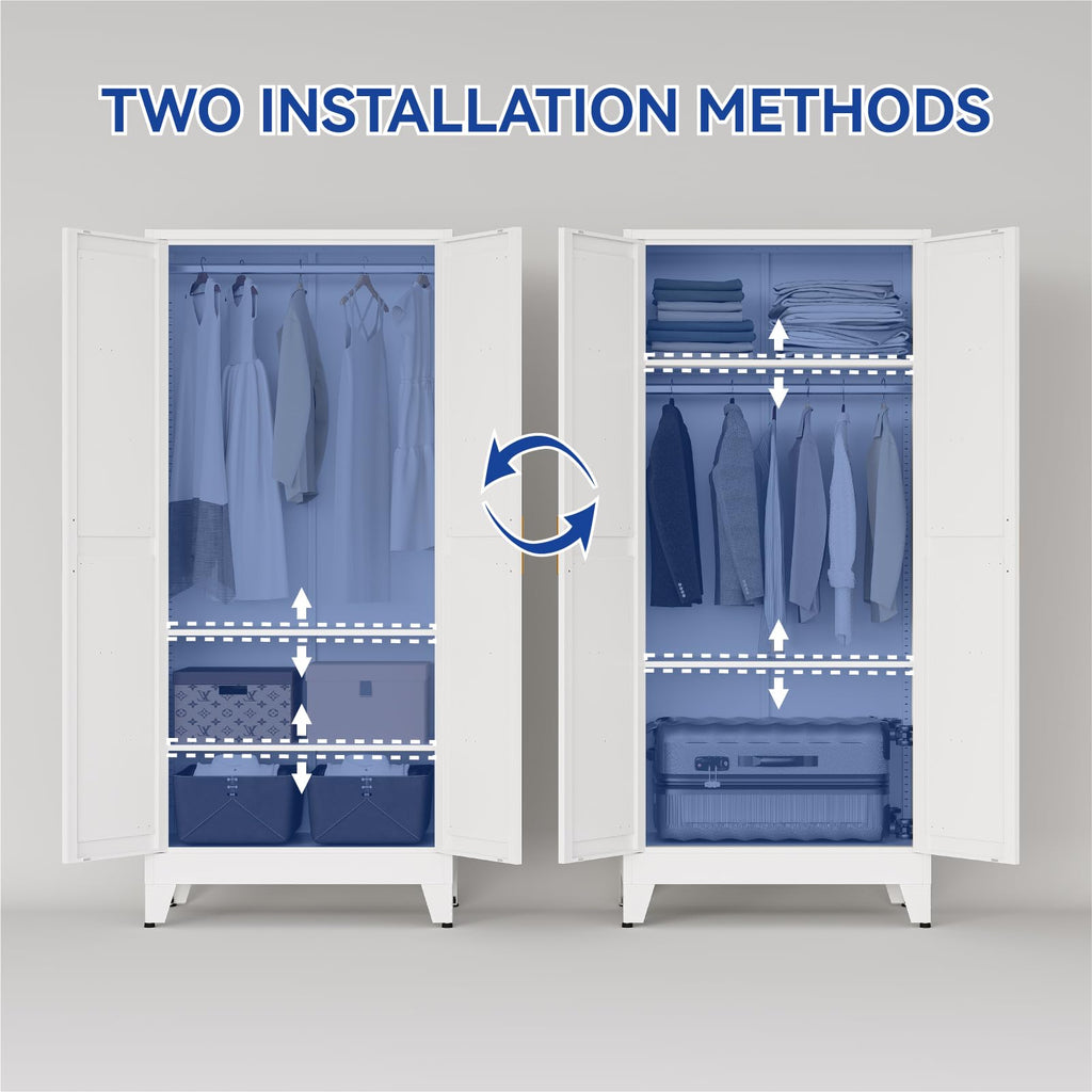 71'' Metal Wardrobe Closet, Bedroom Armoire Cabinet with Adjustable Hanging Rod and Shelves, 2 Doors Farmhouse Closet