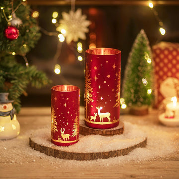 Christmas Hurricane Candle Holder, Red Gold Reindeer Christmas Decor