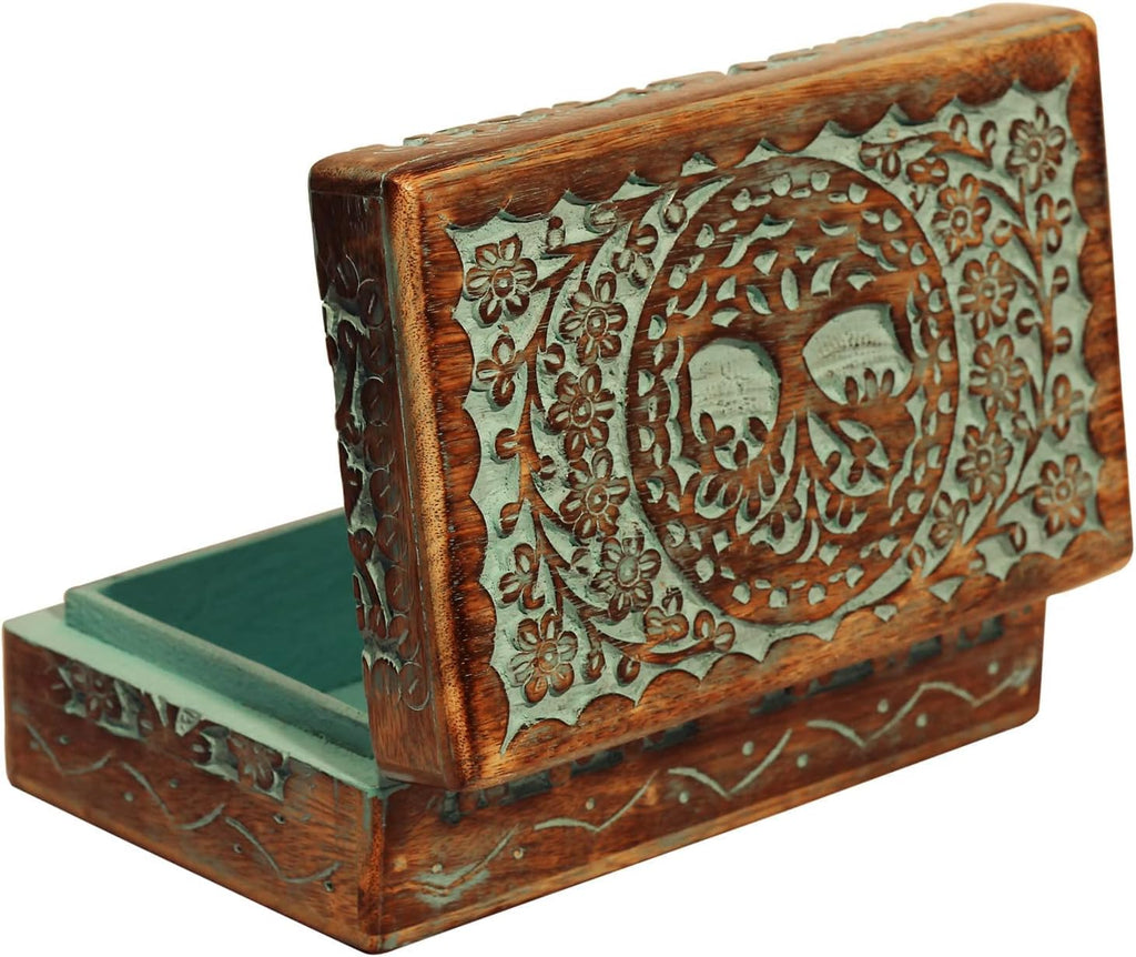 Carved Wooden Box - Decorative Memory Storage Wood Case Single Compartment for Women and Men Jewelry - Vintage