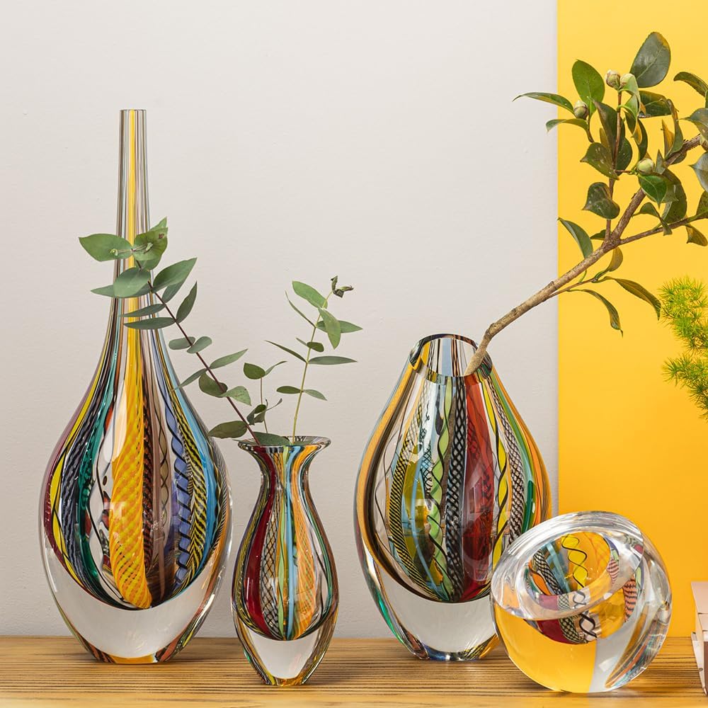 Murano Style Glass Vase Hand Blown Colored Canes Boho Effect Home Decor | Hand Blown Glass Vase, Decorative Table
