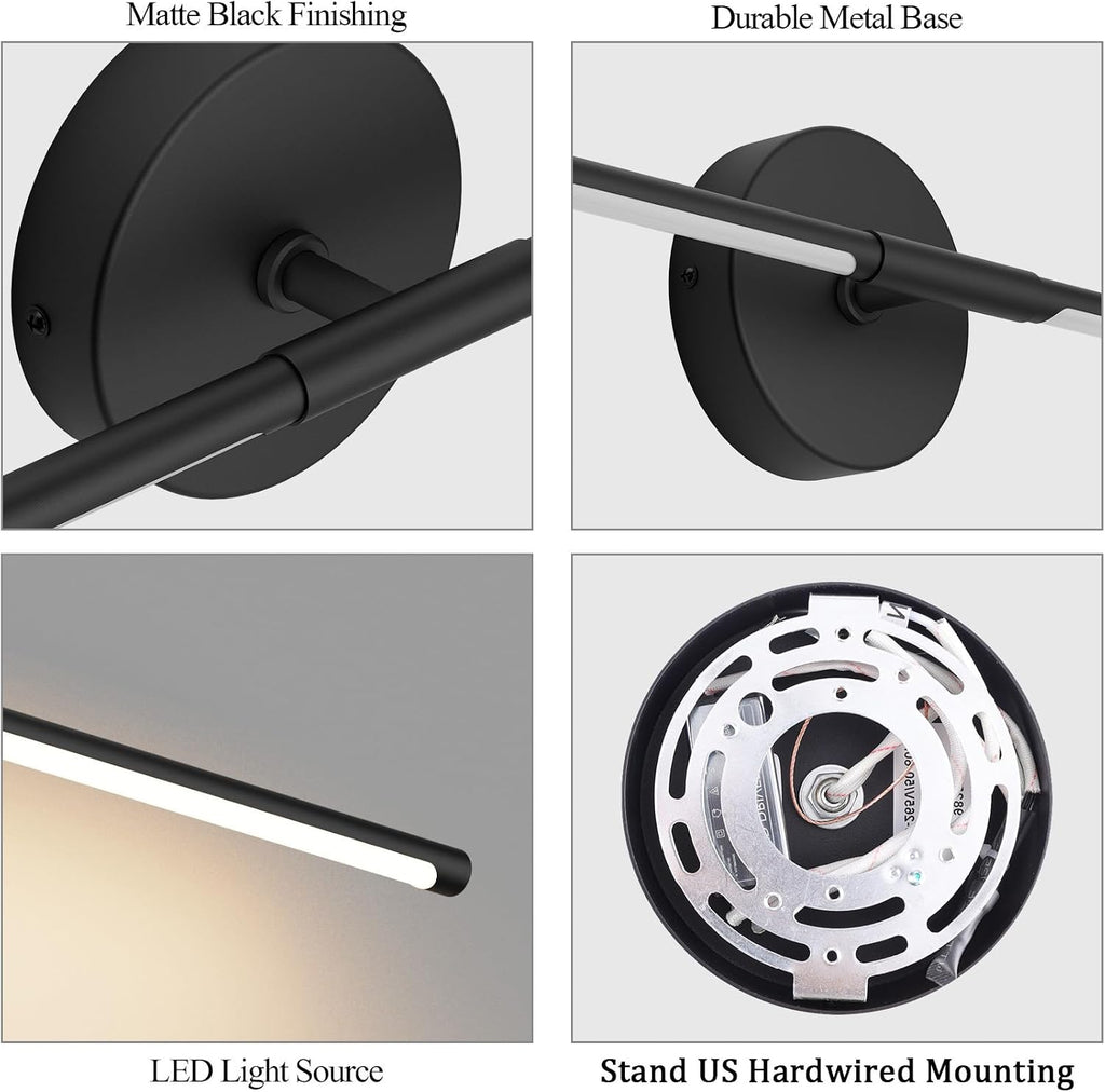 28In Black Wall Sconce Set of Two Hardwired 3000K LED Modern Wall Light Fixture 360° Rotatable for Living Room