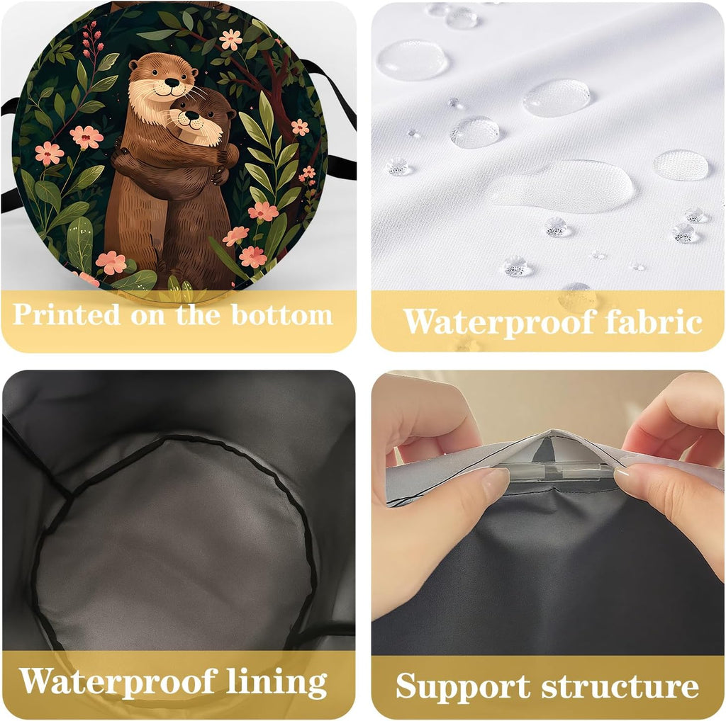 Cozy Otter Laundry Basket, Forest Blossom Print Decorative Hamper , Portable Waterproof Cloth Bin with Handles