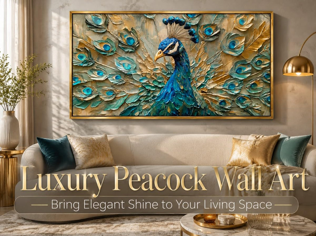 Framed Peacock Wall Art, Teal Blue Gold Wall Decor