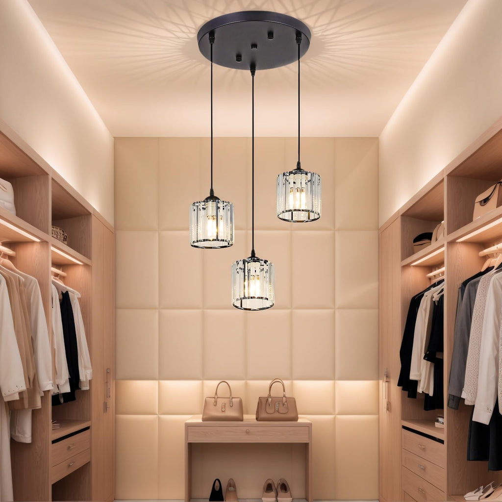 Crystal Pendant Lights Black 3 Light Cluster Ceiling, Modern Hanging Light Fixture Island, Adjustable Round Chandelier