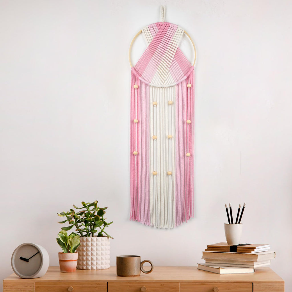 LB Boho Pink Macrame Wall Hanging Woven Cotton Tapestry Pink and White Wall Art with Wood beads Modern Aesthetic