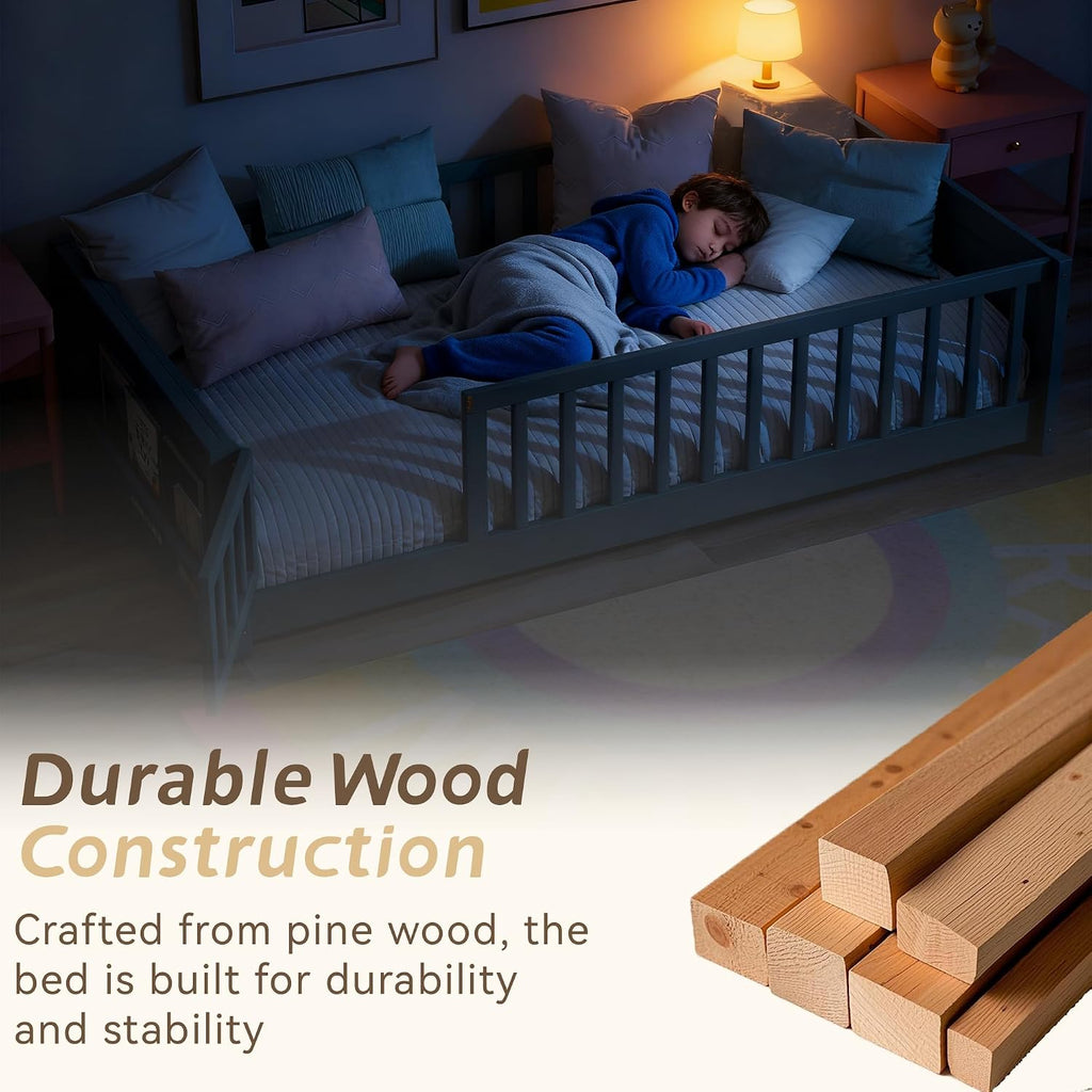 Toddler Floor Bed with High Rails, Wooden Montessori Bed Frame with Door & Built-in Book Rack, Twin Size Bed Frame