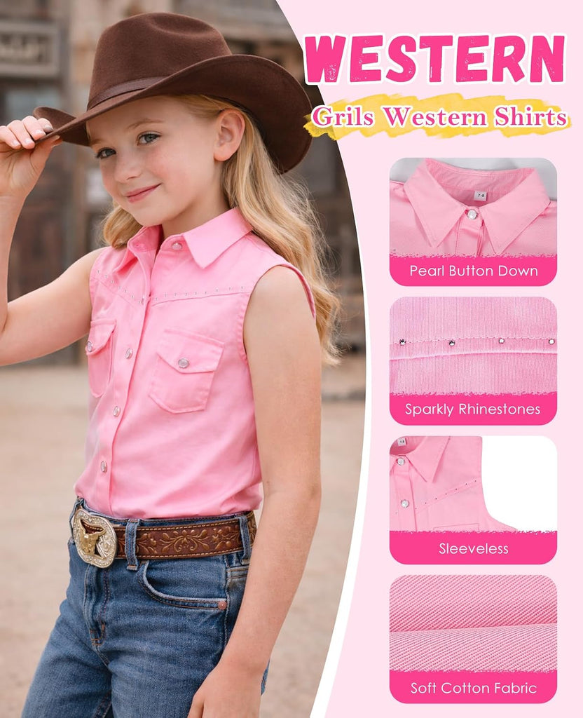 Girls Rhinestones Western Shirt Sleeveless Cowgirl Button Down Shirts Casual Blouses Tops