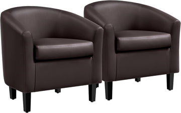 Accent Chairs, Faux Leather Barrel Armchairs Espresso - Set of 2